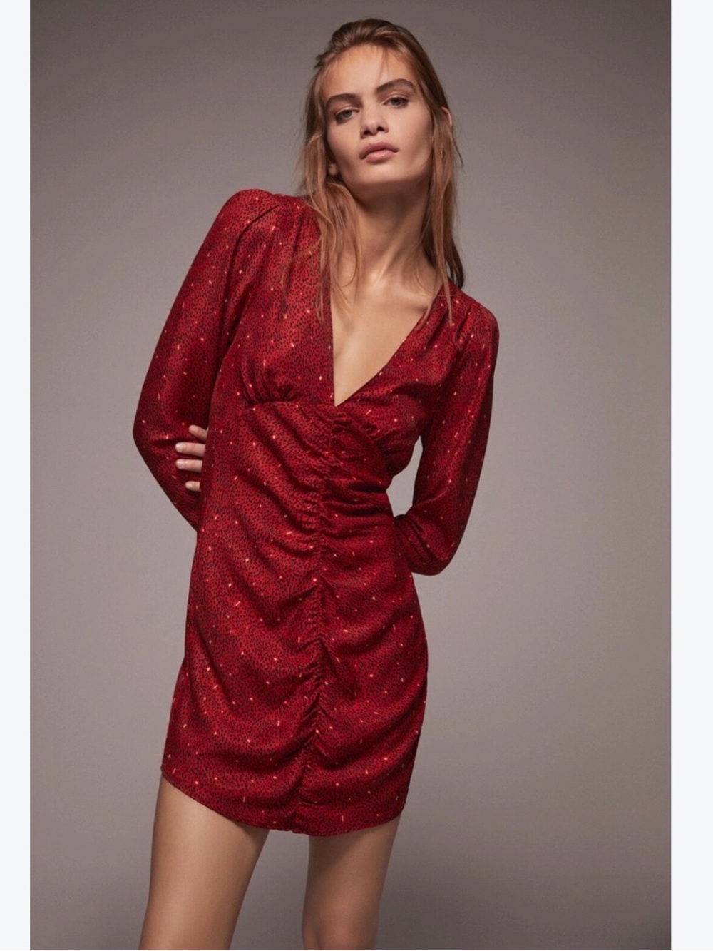 Zara Red Long-Sleeve V-Neck Mini Dress